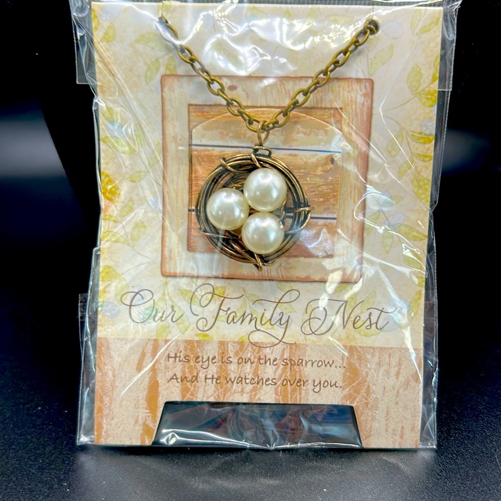 Our Family Nest necklace. Copper and pearl colored. From Gifts if Faith, new